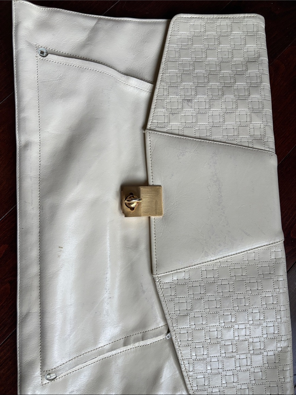 Ivory Leather Envelope Clutch with Gold Turn-Lock